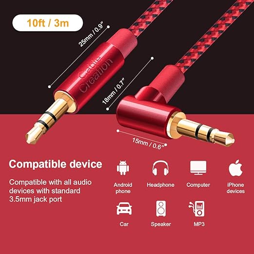 CableCreation Audio Cable, 10FT 3.5mm Right Angle Male to Male Auxiliary Stereo HiFi Cable with Silver-Plating Copper Core,24K Gold Plated, Red