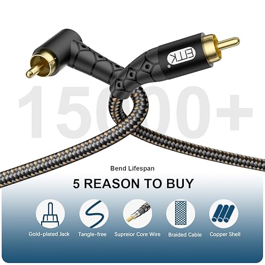 EMK 90 Degree RCA Subwoofer Cable 24K Gold-Plated Connector Nylon Braided Double Shielded – Support Digital & Analog Signals for Amplifier, Home Theater, Hi-Fi System,Subwoofer Black/30ft/10m