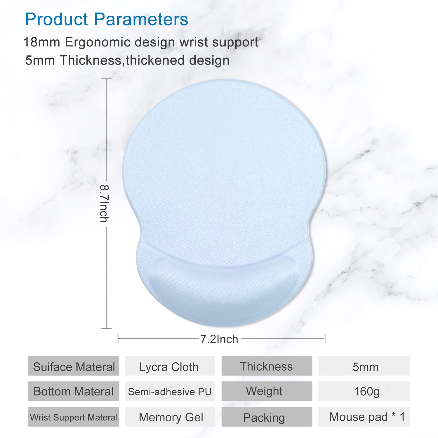 ITNRSIIET Ergonomic Mouse Pad with Gel Wrist Support Small Wrist Rest Smooth Surface Non-Slip PU Base Comfortable Office Supplies Pain Relief, 8.7 x 7.2 inches, Blue
