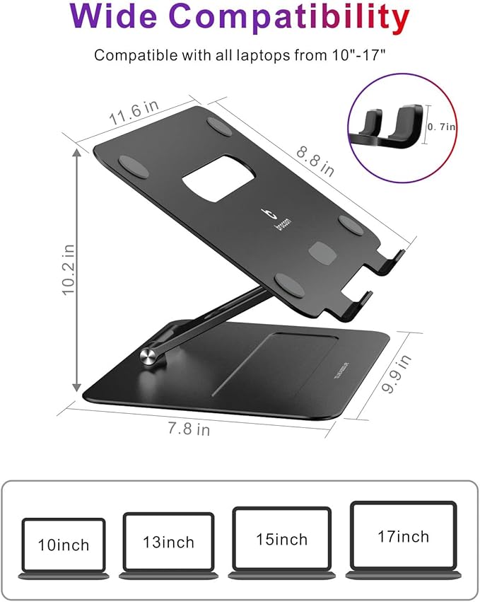 Laptop Stand | Adjustable Ergonomic Riser for Desk, Aluminum Computer Holder with Heat Vent, Fits 10–17" Laptops, Dark Black