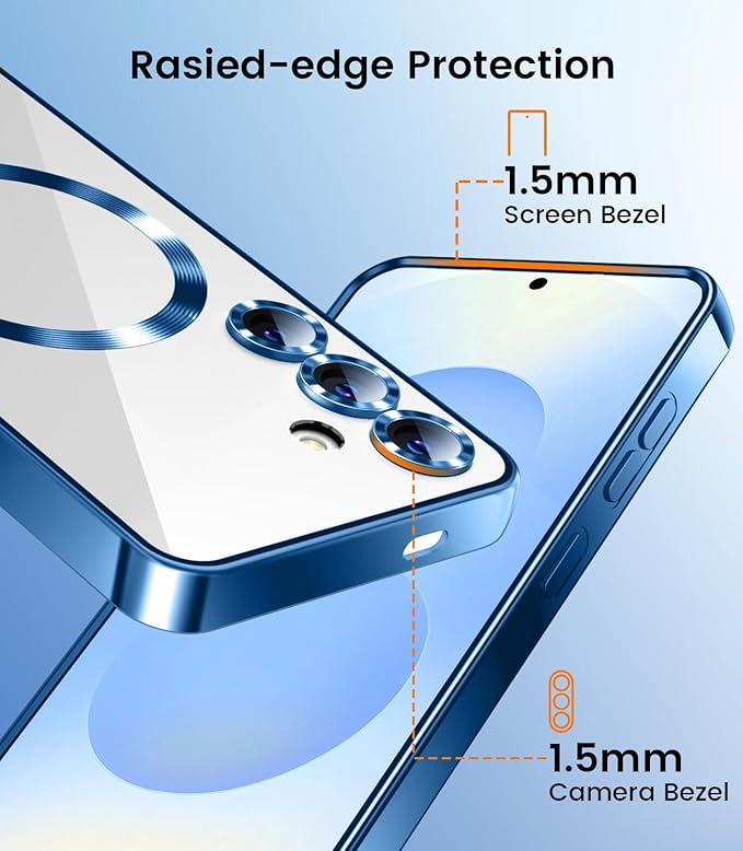 Slim Thin for Samsung Galaxy S25 Plus Case, Compatible with MagSafe, Built-in Camera Lens Protector, Shockproof Protective Phone Case, Soft Electroplated Clear Cover, Sapphire Blue