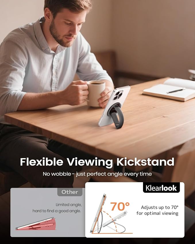 2025 Klearlook for MagSafe Phone Grip with Silicone Finger Strap, Removable Magnetic Phone Ring Holder with Adjustable Kickstand, Finger Phone Ring Grip for iPhone 16/15/14/13/12 Series, Black