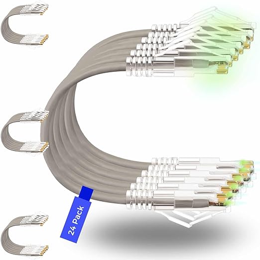 Rapink Patch Cables Cat6/ Cat6a 2ft (24 Pack) Slim, Cat6a Ethernet Patch Cable 20G Support, Snagless Cat 6 Patch Cable for Patch Panel to Switch, Flexiable Cat6 Ethernet Cable Grey