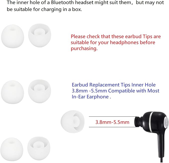 36 Pieces Large Earbud Tips Soft and Comfortable Silicone Earbud Tips Ear Bud Replacement Pieces Silicone Fit Most in-Ear Headphones，Inner Hole 3.8mm -5.5mm，Large White Earbuds Silicone Tips