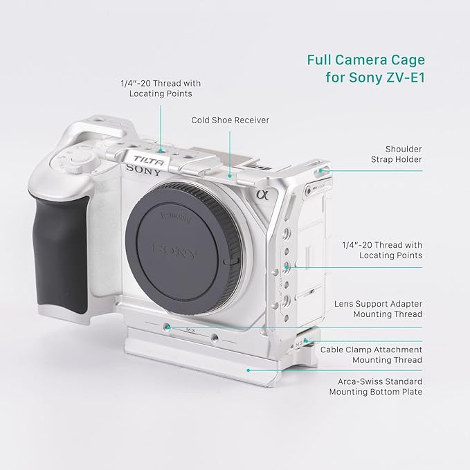 Tilta Full Camera Cage for ZV-E1 Lightweight Kit | Includes Full Cage, Top Handle, 1/4"-20" to NATO Adapter | Cold Shoe, NATO Rail, M3 and 1/4"-20 Threads Mounts | Silver