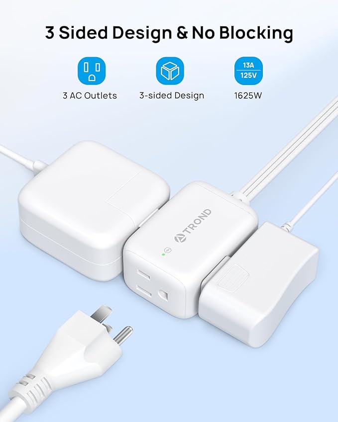 TROND 360° Rotating Flat Plug Extension Cord Surge Protector 15ft, Small Power Strip with 900 Joules, 3 Side Grounded Outlets, 13A, SPT 16/3 Gauge Wire, for Indoor Home Office Dorm Essentials, White