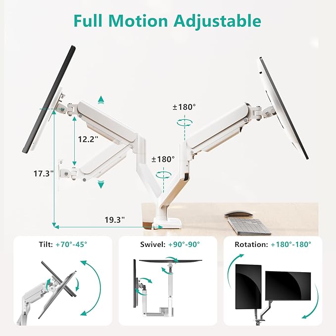 WALI Dual Monitor Stand for 17-32 inch Screens, Dual Monitor Arms for 2 Monitors Holds up to 19.8 lbs, Adjustable Gas Spring Dual Monitors Mount, VESA 75x75/100x100mm (GSMP002NW), White