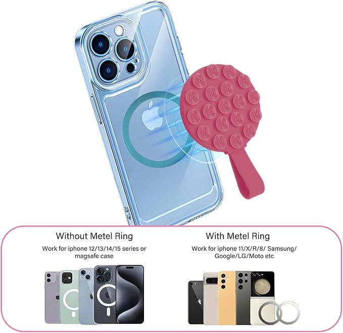 Magnetic Suction Cup Phone Mount, Silicone Suction Stand Holder, Compatible with iPhone MagSafe Phone Case, Hands-Free Mirror Shower Phone Holder Accessory for TikTok Videos, Pink