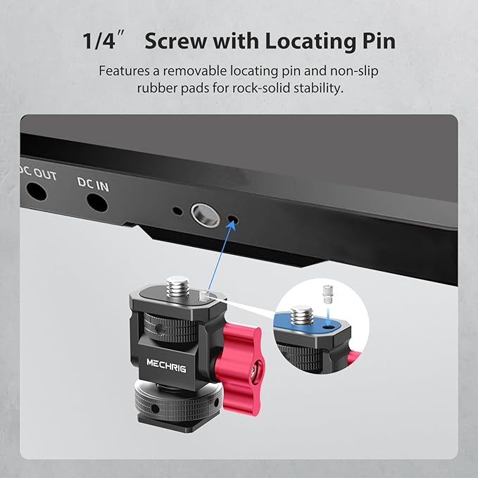 Mechrig Mini Camera Monitor Mount with Cold Shoe, Aluminum Field Monitor Mount with 1/4″ Screw for LED Light Mic Cage, Cold Shoe Adapter 360° Swivel & 180° Tilt Damping (with Knob 63142)