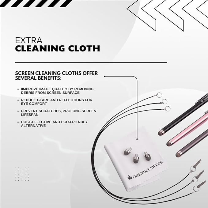 The Friendly Swede Mesh Tip Stylus Pen for Touchscreen — 3-Pack Micro-Knit Capacitive Stylus Pen for iPad & iPhone with 3 Replaceable Fiber Tips, Elastic Lanyards & Screen Cleaning Cloth