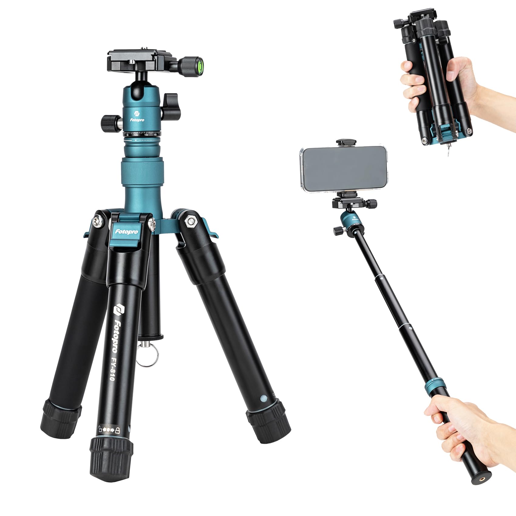 Fotopro Mini Tripod with Ball Head Phone Mount Detachable Selfie Stick Folded only 8.6" Max Load up to 6.6 lbs FY-810 Blue