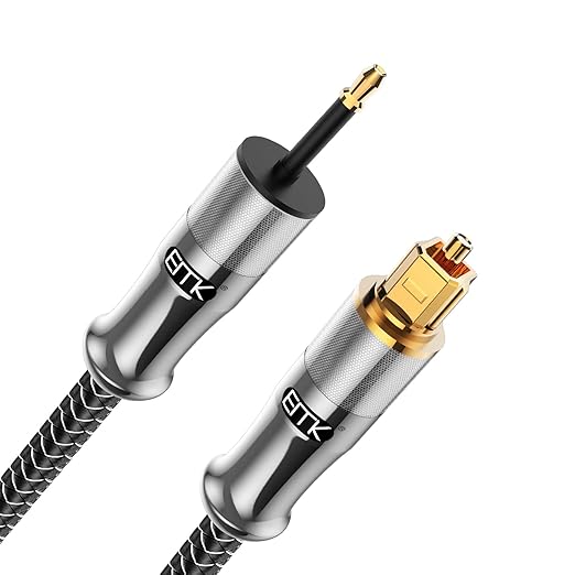 EMK 24K Gold-Plated Toslink to Mini Toslink Cable (3ft/1M) - Digital Optical Audio Cable with 3.5mm Mini Plug for Soundbar, Home Theater, TV - Silver SPDIF Fiber Optic Cable