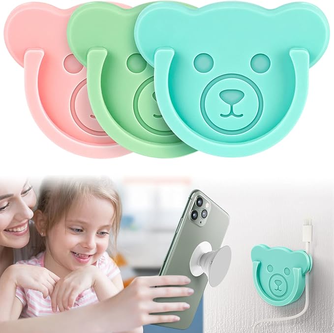 TOPGO Socket Car Mount for Phone Holder Cute Bear Style Silicone Grip Stand with Phone line Clasp for Collapsible Socket User Used on Dashboard, Home, Office, Kitchen, Desk, Wall (Color) 3 Pack