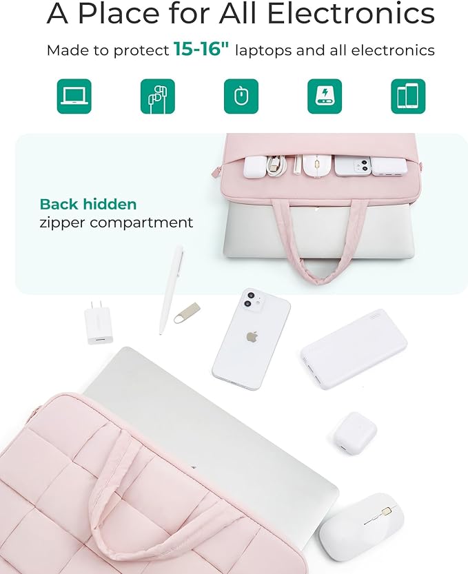 BAGSMART 15.6 Inch Laptop Case, Lightweight Puffy Laptop Sleeve with Handle, Compatible with MacBook Air Pro 15 16 Inch M4 M3 M2 M1, Laptop Bag for Women Fitted with Dell,HP, Pink
