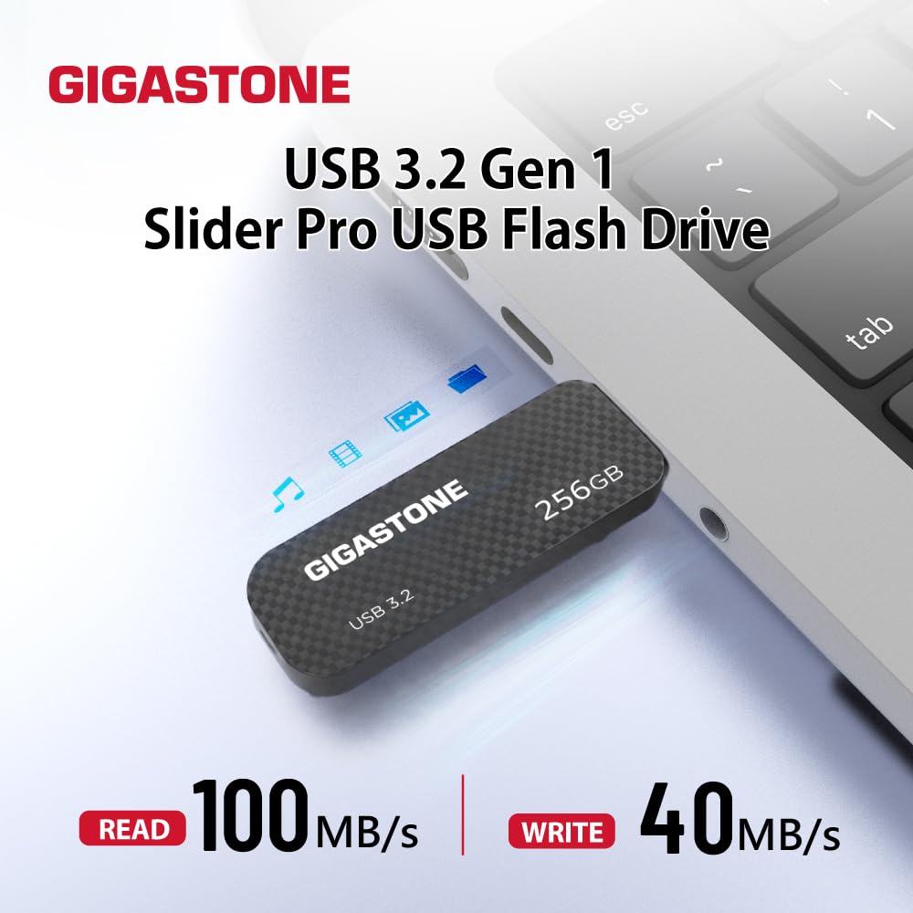 GIGASTONE 256GB USB 3.2 Flash Drive, 100MB/s High-Speed Data Transfer, Carbon Fiber Design, Retractable