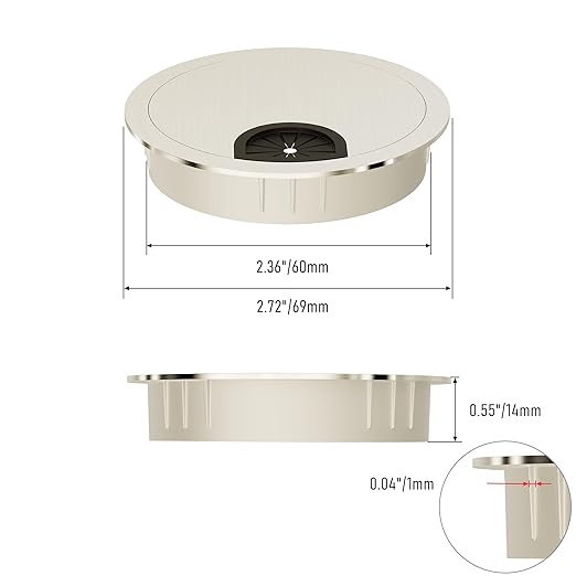 Desk Grommet 2-3/8 Inch 60mm, Zinc Alloy Computer Desk Wire Hole Cover, Office Desktop Cord Cable Hole Metal Ring, Brushed Silver