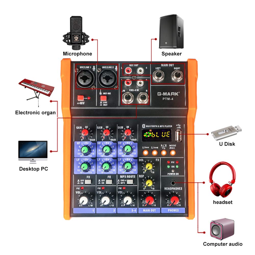 G-MARK Analog Mixer Audio 4 Channel DJ Audio Mixer Bluetooth Studio Karaoke For PC Live Performance KTV Home Stage Music Effects Sound Card Protable Mixing Console
