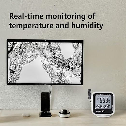 ALLOSUN Digital Thermometer Hygrometer Indoor Humidity Greenhouse Temperature Monitor Alarm Long Probe Gauge Dew-Point Meter with LCD Display