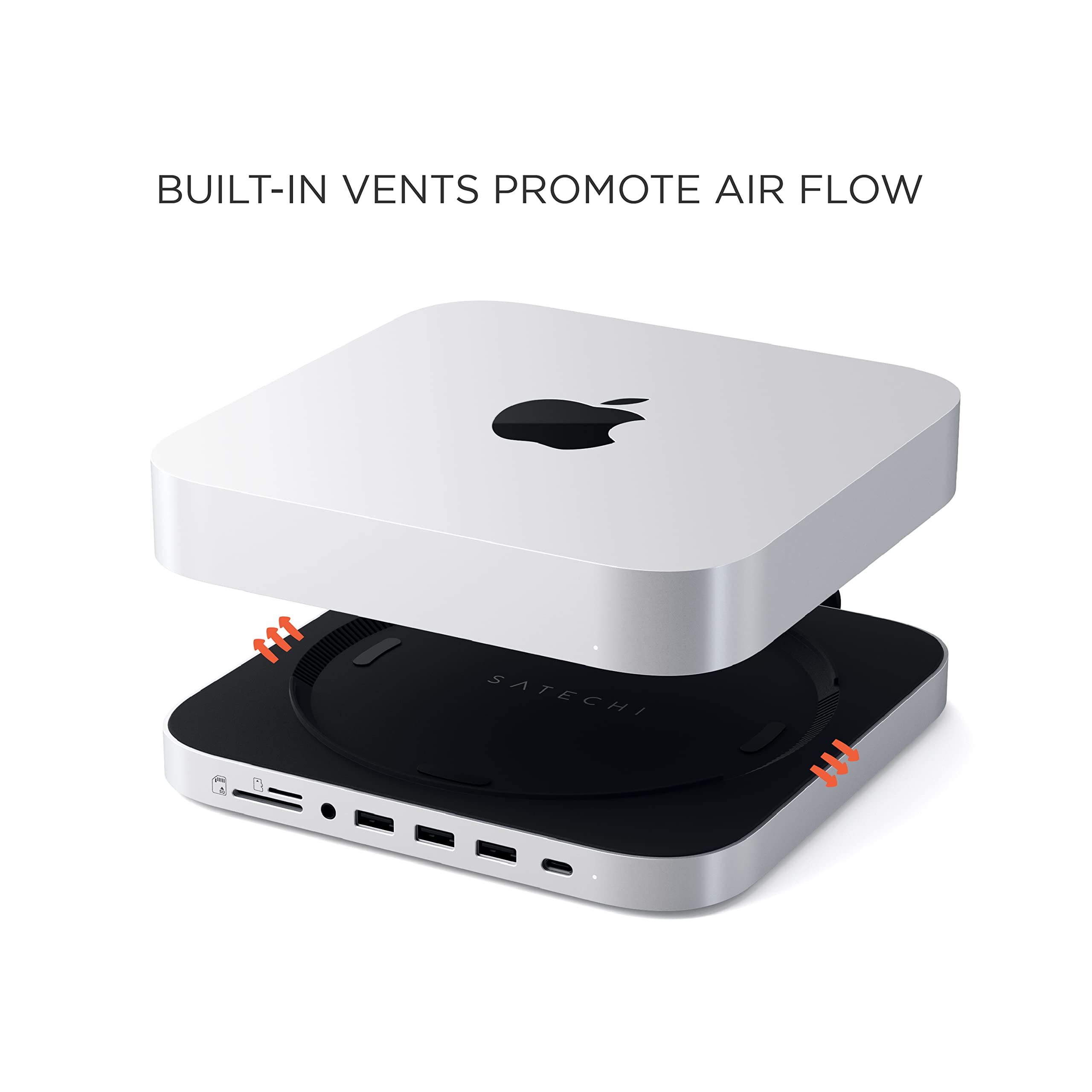 Satechi USB C Hub, Type-C Aluminum Stand & Hub, USB-C Data Port, Micro/SD Card Readers, USB 3.0 & Headphone Jack Port, for Mac mini M2/M1 (Not Compatible with M4) - Silver