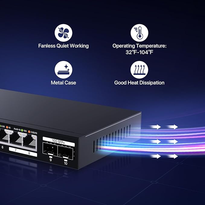 Tenda TEM2010X 8 Port 2.5G Ethernet Switch, Unmanaged 2.5Gb Switch with 8 x 2.5G Ports & 2 x 10Gb SFP+ Slots, Support VLAN & Static Link Aggregation, 80Gbps Switching Capacity, Fanless Metal Design