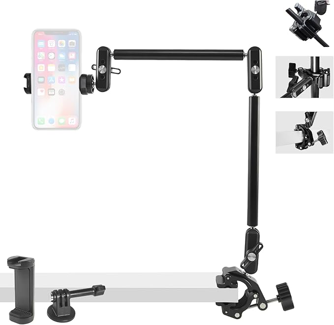 FIFIELD 22" Magic Arm with Super Clamp Overhead Camera Mount for Camera, 1/4” Threads Adjustable Desktop Stand Holder Compatible with Phone Microphone Webcam Action Camera Video Light