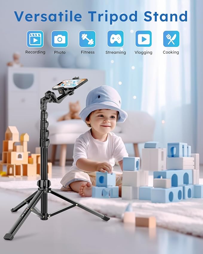 Phone Tripod, 72" Camera Stand Tripod with Remote and Phone Holder, Stable & Adjustable Tall, Suit for iPhone/Digital Camera