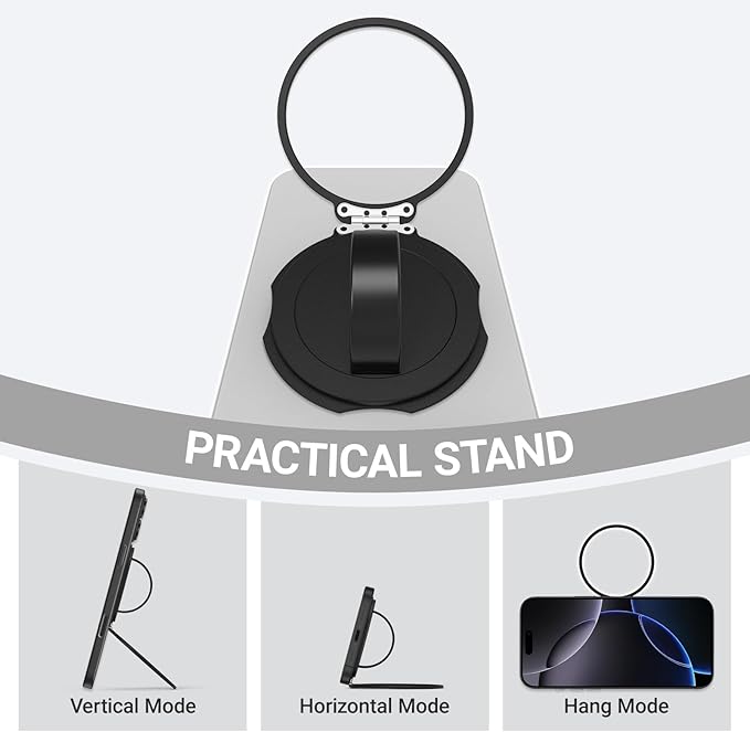 Grat 3 Upgraded Magnetic Phone Grip Stand, 360° Rotatable Silicone Strap Phone Loop Holder, Detachable Ring Kickstand Compatible with Magsafe iPhone 16 15 14 13 12 Pro/max, Black