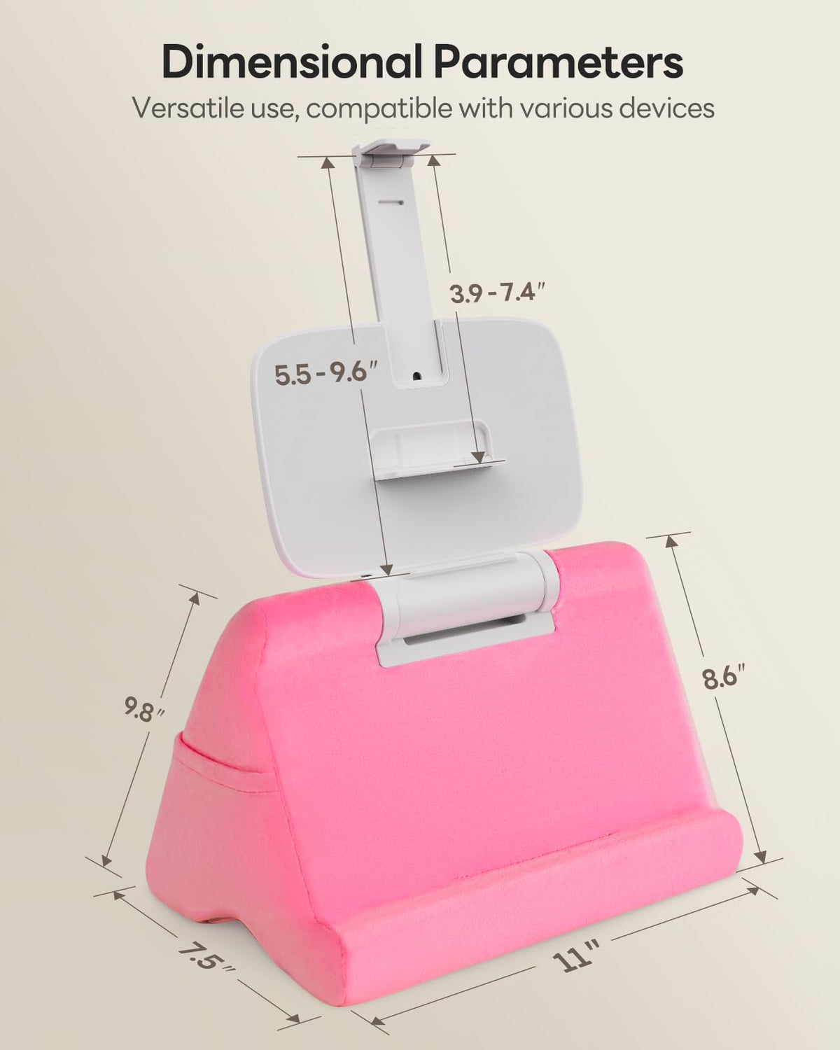 SAIJI Tablet Pillow Stand - iPad mini Kindle Holder for Lap in Bed, with Lifter & Angle Adjustable Multi-Function Clip for 4-13" Tablets, Pink