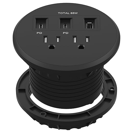 LIDER PD 65W GaN Technology Desktop Power Grommet, Power Delivery, USB-A and 2 USB-C Ports, Tamper-Resistant Receptacles, Self-Close Cover, Desk Charging Station, Black, 6.5ft Cord, ETL Listed