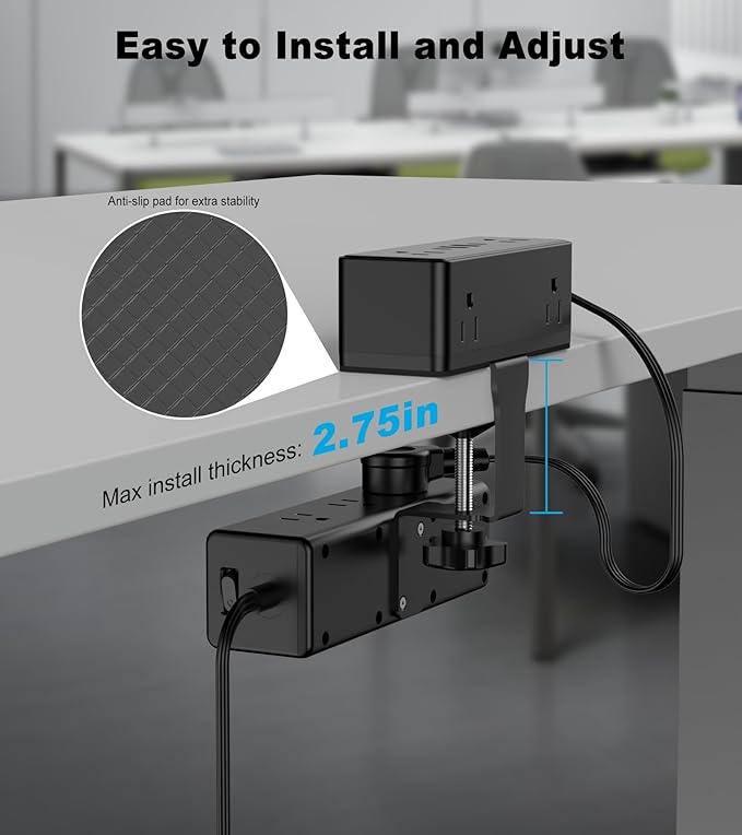 Dual Layer Desk Clamp Power Strip, 19 in 1 Desktop Edge Mount Surge Protector with 4 USB Ports(2 USB-C) & 15 AC Outlets, Ultra Thin Flat Plug & 15FT Power Cord for Office Home(ETL Listed)