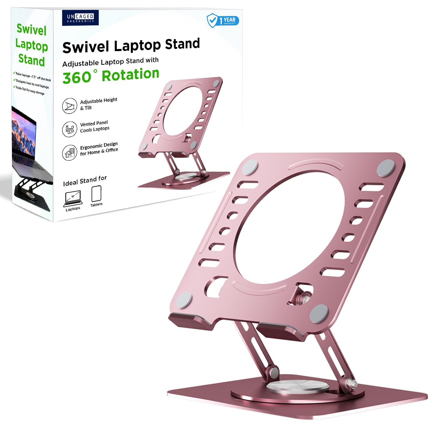 Uncaged Ergonomics Swivel Laptop Stand for Desk, Adjustable Computer iPad Stand for Desk w/ 360 Rotation, Portable Laptop Holder for Home Office Ergonomic Supplies (Rose Gold)