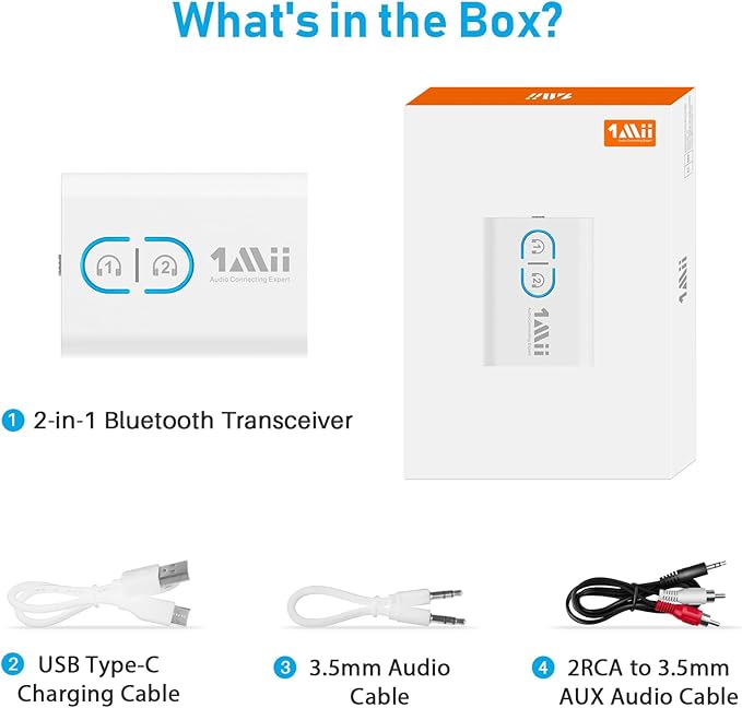 1Mii Bluetooth Transmitter Receiver for TV/Airplane to Headphones, Bluetooth 5.3 AUX/RCA Audio Adapter with AptX Adaptive/Low Latency/HD Audio, Dual Link, Wireless Receiver for Home Stereo, Boat, Gym
