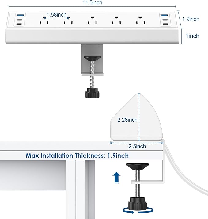 Desk Clamp Power Strip USB C,Under Desk Mount Power Station,20W Fast Charging,Fits 1.9'' Tabletop Edge,Desk Surge Protector,Perfect Home,Office Supplies (White, 5 Outlets & 6 USB Ports & 15 FT Cable)