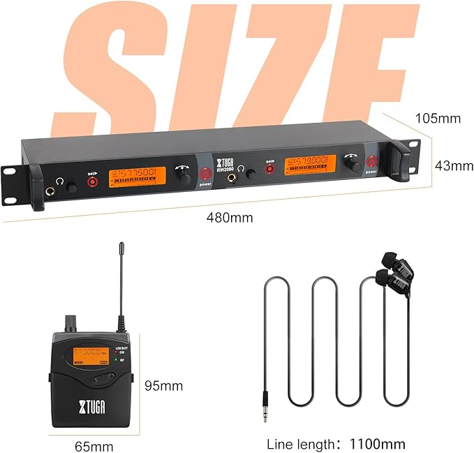 XTUGA RW2080 Wireless in Ear Monitor System Mono Design Dual Channel Wireless IEM System 5 Bodypacks, 300Ft, 40 UHF Frequencies, in Ears Monitors for Band, Stage or Studio, 902-928mhz