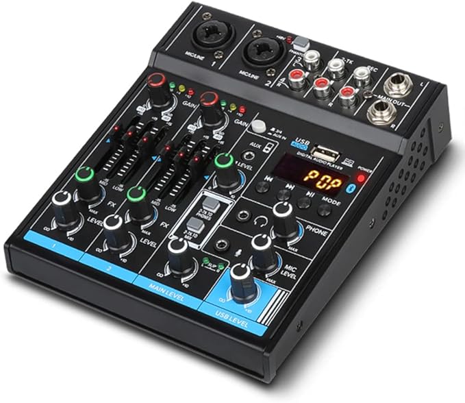Depusheng M6 Portable Mini Mixer 6-Channel Audio Mixer DJ Console with Sound Card, Bluetooth Function, USB, 48V Phantom Power for PC Recording Webcast Party with 256 DSP