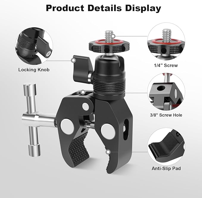 Super Clamp Camera Mount with 360° Mini Ball Head, Aluminum Desk Tube Crab Clamp for Monitor/Light/Mic, Bike/Motorcycle Handlebar Mount for Go Pro/Insta360/DJI Action Camera (SY012)