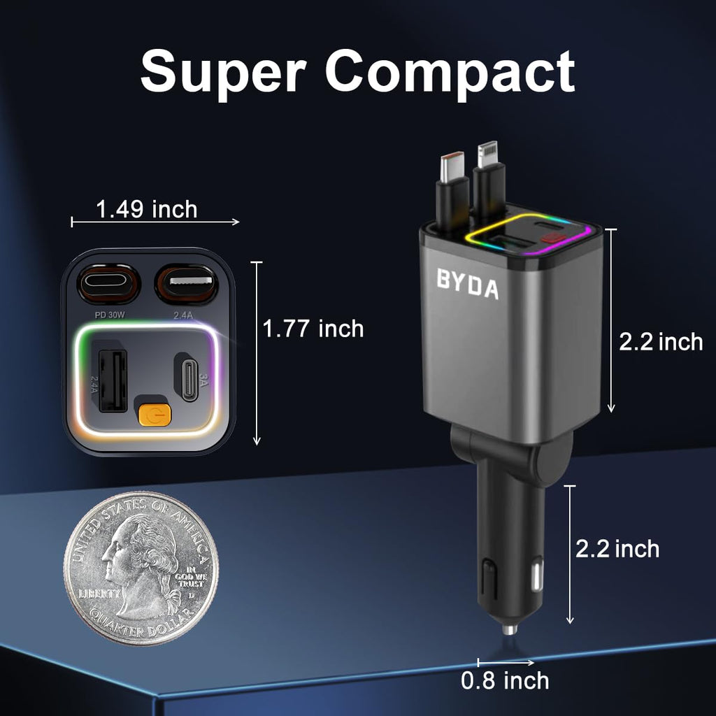 4 in 1 Retractable Car Charger,69W USB-C Fast Car Charger, for iPhone 17/16/15/14/13/12/11, Android,Pixel,Cigarette Lighter Charger (for Type C+Lightn-ing)