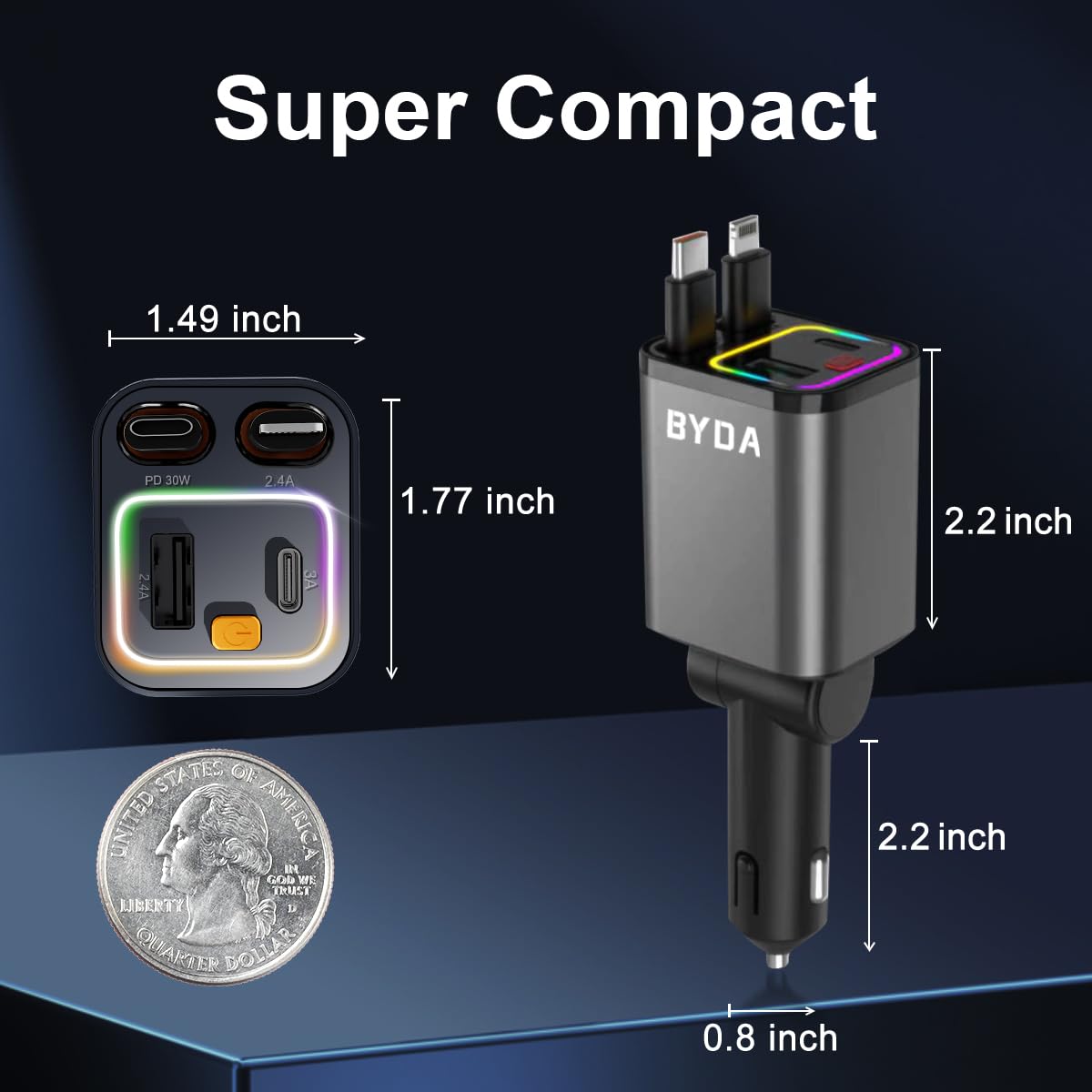 4 in 1 Retractable Car Charger,69W USB-C Fast Car Charger, for iPhone 17/16/15/14/13/12/11, Android,Pixel,Cigarette Lighter Charger (for Type C+Lightn-ing)