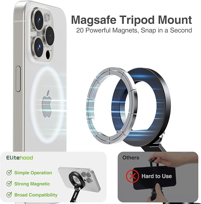 elitehood Aluminum Magsafe iPhone Tripod Mount with Arca Port, Magnetic Phone Mount for Tripod with 1/4" 3/8" Screw Adapter, Cell Phone Holder Stand for Video Recording Live Streaming Vlogging