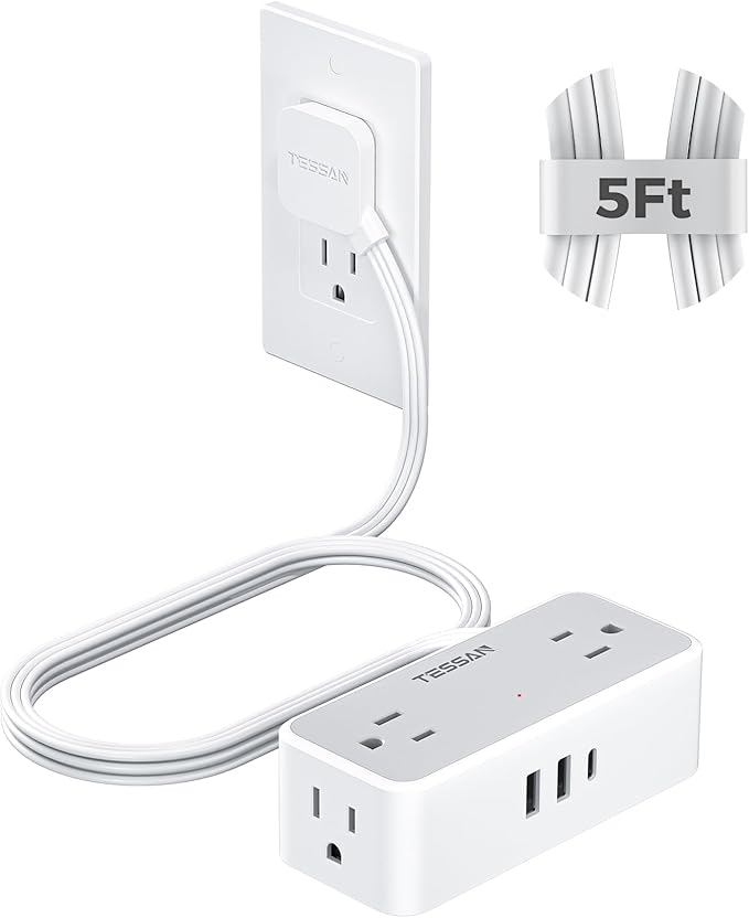 TESSAN Extension Cord 5 FT, Power Strip with 900J Surge Protection, Grey