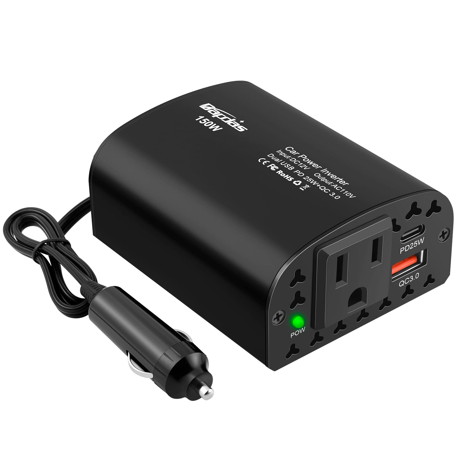 Bapdas 150W Car Power Inverter DC 12V to 110V AC Car Adapter for Plug Outlet with PD 25W &QC3.0 USB Ports Car Charger Adapter