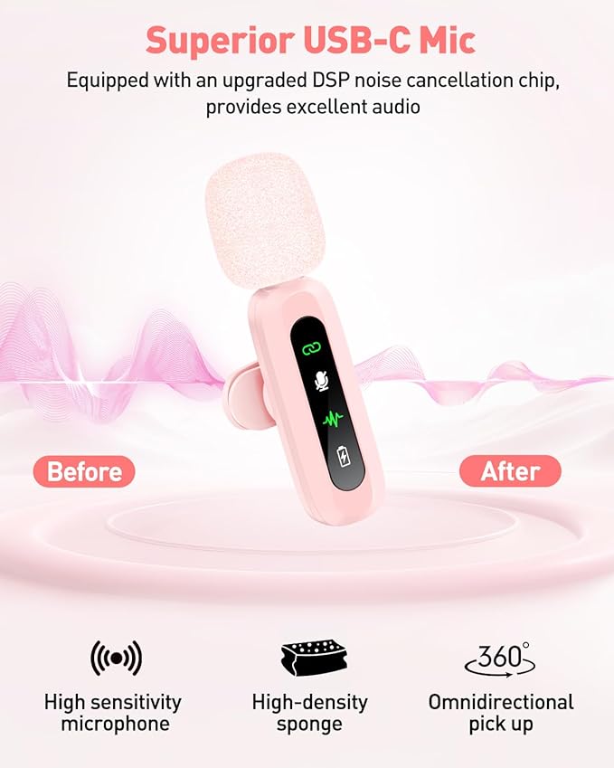 USB C Lavalier Microphone Wireless Mini Mic for Type-C Android Phone/Tablet/PC Video Recording Clip-on Mics with Rotatable Clip&Denoise Recording, Ideal for Vlog Tiktok YouTube Content Creator, Pink