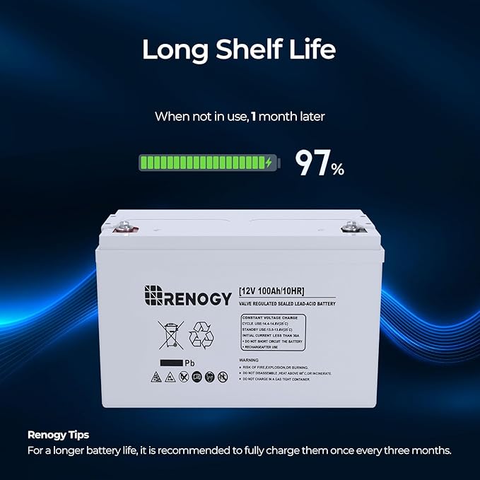 Renogy Deep Cycle AGM 12 Volt 100Ah Battery, 3% Self-Discharge Rate, 1100A Max Discharge Current, Safe Charge Appliances for RV, Camping, Cabin, Marine and Off-Grid System, Maintenance-Free