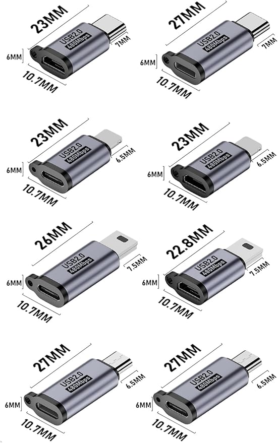 Jadebones USB C to Micro USB/Mini USB/Lighting Adapter, 8 Pack