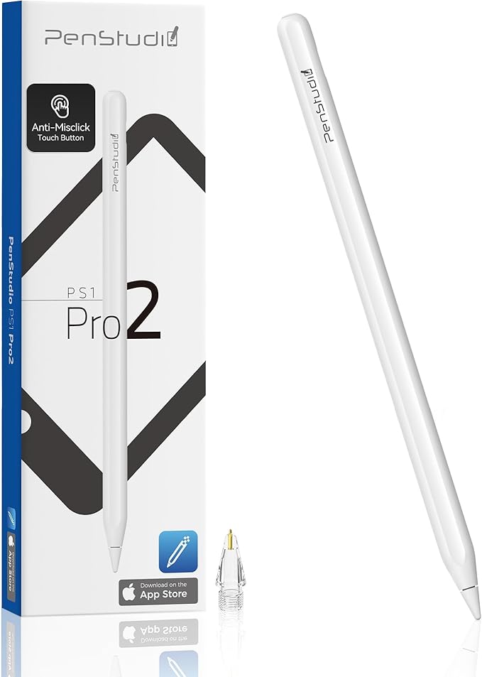 PS1-Pro2 Stylus Pen for Apple iPad 2018-2025｜Anti-Misclick Custom Shortcuts Pixel-Perfect with Metal Chrome Tip｜Pencil for iPad 11th & 10th Generation, Pro 11"/12.9"/M4, Air 3/4/5/M2/M3, mini 5/6th