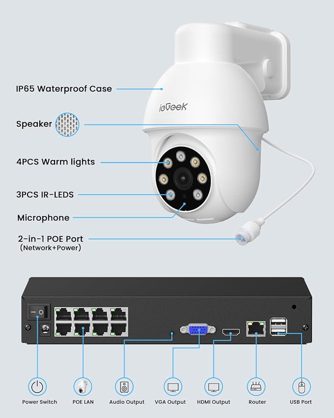 ieGeek 8MP PoE Security Camera System, 4pcs Wired Outdoor Cameras for Home Security with 355°Pan 90°Tilt, 8CH NVR with 2TB HDD, Automatic Human Tracking,AI Detection,2-Way Audio,Color Night Vision