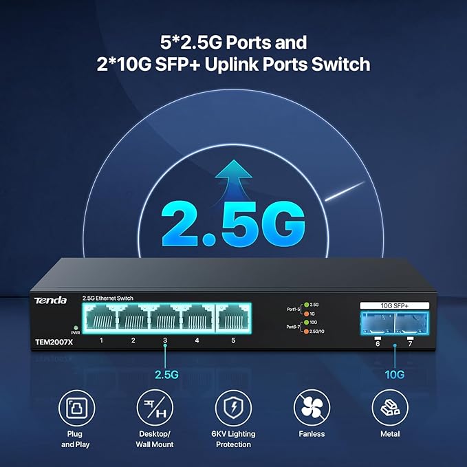 Tenda TEM2007X, 5 Port 2.5G Ethernet Switch, Unmanaged 2.5Gb Switch with 5 x 2.5G Ports & 2 x 10Gb SFP+ Slots, 50Gbps Switching Capacity, Plug & Play, Desktop/ Wall-Mount, Fanless Metal Design