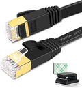 Cat 7 Flat Ethernet Cable 25ft Black, High Speed 10GB Shielded (STP) LAN Internet Network Cable Ethernet Patch Computer Cable with Rj45 Connectors and 10pcs Adhesive Cable Clips