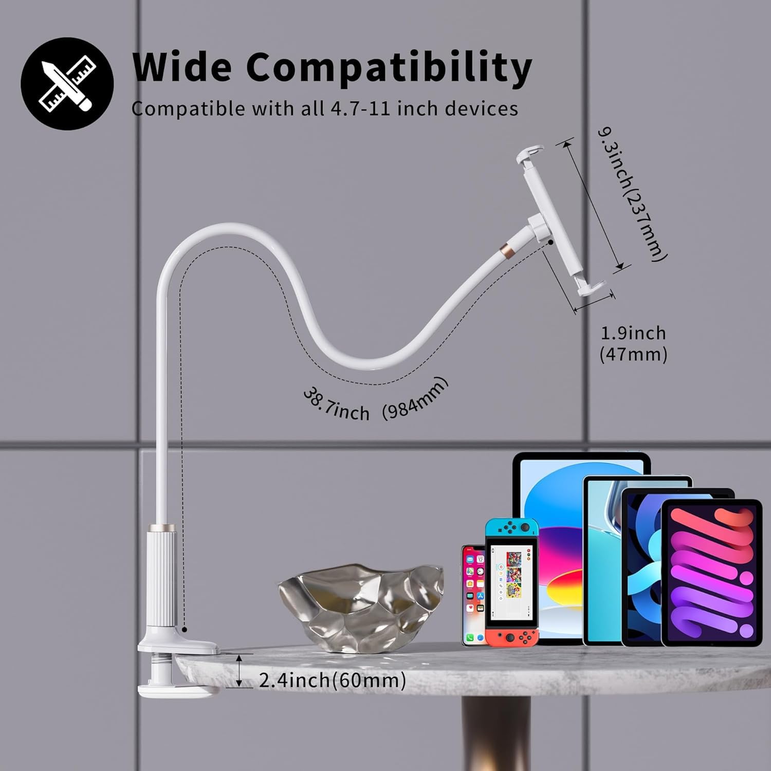 wigmoa K-MT【38.7inch/98cm】 Tablet Phone Holder Table Desk Gooseneck Mount, Mount Holder Clip with Grip Flexible Long Arm Compatible for ipad iPhone/Switch/Samsung Tabs/Kindle Fire HD K-MT (White)