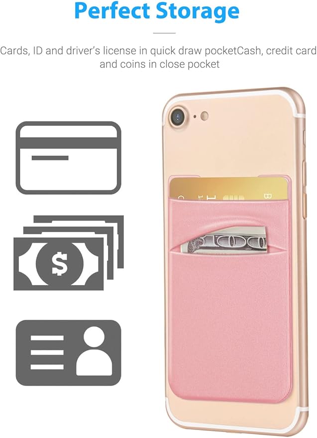 2 Pack Stick On Wallet Sleeve Cell Phone Dual Pocket Card Holder Double Pocket Pouch for iPhone Android Smartphone (2Pack PINK)